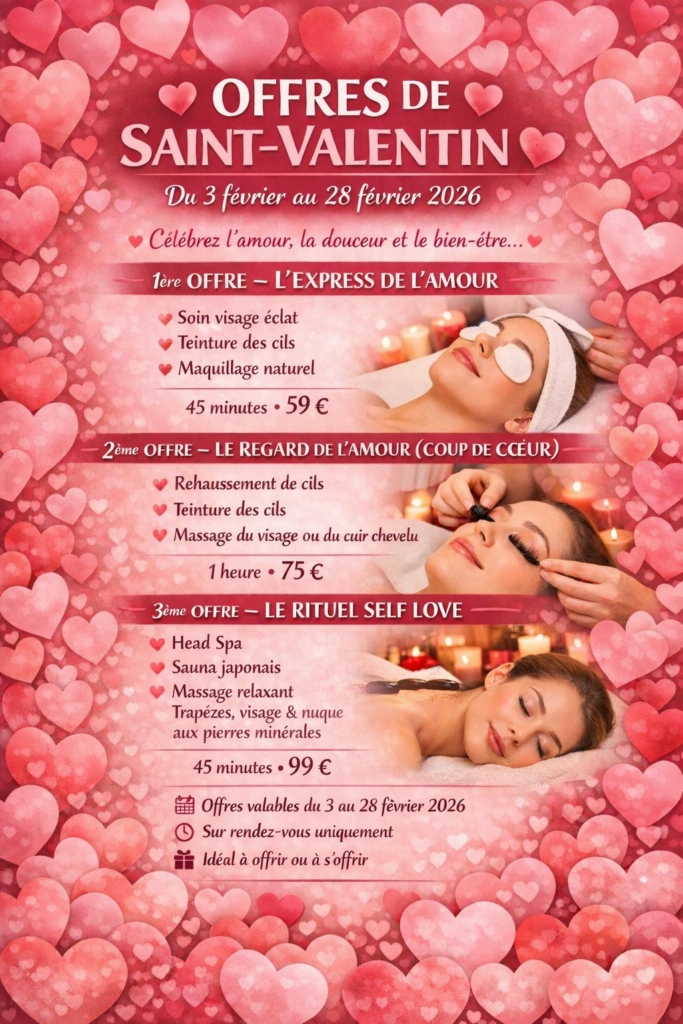 A l'approche de la St - Valentin, pensez aux cartes cadeaux:
à offrir... ou à s'offrir !
Une parenthèse de bien-être qui fait toujours plaisir!